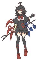  1girl absurdres ahoge asymmetrical_wings black_capelet black_dress black_gloves black_hair black_thighhighs blue_wings bow bowtie capelet collared_capelet commentary_request dress footwear_bow full_body gloves grin highres holding holding_polearm holding_weapon houjuu_nue looking_at_viewer nue_day one-hour_drawing_challenge pointy_ears polearm red_bow red_bowtie red_eyes red_shoes red_wings shoes short_dress short_hair simple_background smile snake solo standing thigh-highs touhou trident watanukimurama weapon white_background wings 
