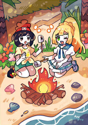  beach beanie black_hair blonde_hair bonfire braid braided_base campfire camping commentary cooking dress fire firewood floral_print flower food forest green_eyes green_shorts hat highres holding holding_stick kneeling lillie_(pokemon) log marshmallow mizuhase_(pororon) nature ocean one_eye_closed open_mouth outdoors poke_ball_theme pokemon pokemon_sun_and_moon ponytail ponytail_with_braided_base red_hat roasted_marshmallow roasting sand seashell selene_(pokemon) shell shirt shorts skewer stick sundress sweater swept_bangs t-shirt teeth tied_shirt tree untranslatable_commentary upper_teeth_only water white_sweater yellow_shirt 