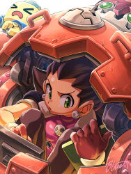  >_< 1girl 1other bloom breasts brown_hair brown_pantyhose buru-dai closed_mouth commentary_request cramped cropped_jacket earrings gloves green_eyes grey_jacket gustaff hairband holding jacket jewelry knees_up looking_at_object looking_to_the_side mega_man_(series) mega_man_legends_(series) open_mouth pantyhose photo_(object) pink_gloves pink_hairband pink_shirt robot serious servbot_(mega_man) shade shirt short-sleeved_jacket short_hair short_sleeves signature skull_earrings small_breasts solo_focus the_misadventures_of_tron_bonne tron_bonne_(mega_man) white_background 