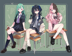  3girls belt_collar black_bow black_bowtie black_choker black_hair black_jacket black_nails black_ribbon black_shoes black_skirt black_socks blazer blue_eyes blue_hair bottle bow bowtie brown_hair can cardigan chair choker collar collared_shirt commentary crossed_legs demon_horns demon_wings desk diagonal-striped_clothes diagonal-striped_necktie drink_carton ear_piercing earrings full_body green_hair grey_jacket grey_necktie gyaru hair_between_eyes hair_bow hair_ornament hair_ribbon hairclip hand_up highres holding holding_bottle holding_can holding_drink_carton holding_juice_box horns ichinose_uruha ichinose_uruha_(6th_costume) jacket jewelry juice_box knee_up kneehighs leg_warmers loafers long_hair long_sleeves looking_at_viewer mamdtsubu medium_hair multicolored_hair multicolored_nails multiple_girls nail_polish necktie on_desk open_clothes open_jacket open_mouth parted_lips pearl_hairband piercing pink_hair pink_nails plaid_bow plaid_bowtie plaid_clothes plaid_skirt pleated_skirt purple_nails purple_necktie ribbon school school_chair school_desk school_uniform shirt shirt_tucked_in shoes sidelocks single_off_shoulder sitting skirt sleeves_past_wrists sleeves_rolled_up smile socks split-color_hair strawberry_milk striped_bow striped_bowtie striped_clothes striped_necktie tachibana_hinano tachibana_hinano_(school_uniform) teeth triangle_earrings two-tone_hair upper_teeth_only very_long_hair violet_eyes virtual_youtuber vspo! white_leg_warmers white_shirt white_socks wings yakumo_beni 