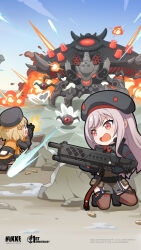  2girls :d anis_(nikke) beret black_gloves black_jacket brown_hair brown_thighhighs chibi cup firing gloves goddess_of_victory:_nikke grenade_launcher gun hat highres holding holding_cup jacket long_hair long_sleeves multiple_girls necktie official_art open_mouth outdoors purple_hair rapi_(nikke) red_necktie rifle short_hair smile thigh-highs violet_eyes weapon 