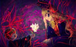  1boy 1girl black_dress black_shirt blonde_hair bofeng commentary crying dalachi_(headdress) distortion dress flower from_side glitch hand_on_own_face highres holding holding_flower junko_(touhou) junko_day lily_(flower) long_hair long_sleeves looking_at_another mother_and_child mother_and_son neck_ribbon no_eyes open_mouth parent_and_child profile red_eyes red_tabard ribbon shee_take shirt short_hair spiral tabard touhou upper_body wide_sleeves yellow_ribbon 