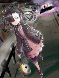  1girl asymmetrical_bangs black_choker black_hair black_jacket blue_eyes choker chromatic_aberration dress fence hama_sou jacket long_sleeves marnie_(pokemon) morpeko pink_dress pokemon pokemon_(creature) pokemon_sword_and_shield red_ribbon ribbon 