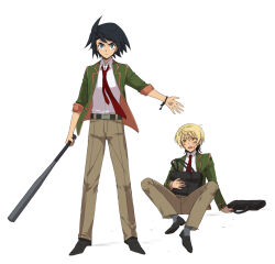  2boys bag baseball_bat belt black_belt black_hair black_shoes blazer blonde_hair blue_eyes bracelet brown_pants commentary_request dirty dirty_clothes dirty_face full_body green_jacket gundam gundam_tekketsu_no_orphans holding holding_baseball_bat jacket jewelry liusang long_sleeves male_focus mikazuki_augus multiple_boys necktie open_clothes open_jacket orange_eyes pants red_necktie shirt shoes short_hair simple_background sitting sleeves_rolled_up standing takaki_uno white_background white_shirt 