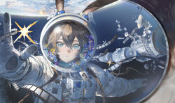  1girl absurdres amiya_(arknights) animal_ears arknights blue_eyes brown_hair chinese_commentary commentary_request earth_(planet) film_reel flower hair_between_eyes helmet highres kelezi long_hair name_tag outstretched_arm outstretched_hand planet rabbit_ears rabbit_girl sky solo space space_helmet space_station spacesuit star_(sky) starry_sky upper_body 