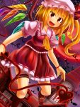  ascot bat blonde_hair bracelet clock clock_tower fang flandre_scarlet full_moon hair_ribbon hat jewelry laevatein moon night night_sky ribbon scarlet_devil_mansion short_hair short_sleeves side_ponytail sky solo star_(sky) starry_sky tanakara the_embodiment_of_scarlet_devil thigh_strap touhou tower weapon window wings 