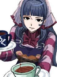  1girl ace_attorney apollo_justice:_ace_attorney black_eyes blue_hair blunt_bangs breasts closed_mouth commentary_request cup deun_(wqfzwr) highres holding holding_plate long_hair looking_at_viewer medium_breasts no_pupils overalls plate shirt solo striped_clothes striped_shirt tea teacup vera_misham white_background 