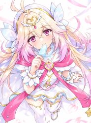  1girl antenna_hair blonde_hair bow brooch capelet cherry_blossoms commentary_request cure_arcana_(star_kiraring_from) dress eating flower food frilled_capelet frilled_cuffs frills gradient_hair hair_intakes heart heart_brooch holding holding_food holding_ice_cream ice_cream jewelry large_bow long_hair looking_at_viewer magical_girl meitantei_precure! moria_luluka multicolored_hair petals pink_flower pink_petals precure solo thigh-highs very_long_hair white_capelet white_dress white_thighhighs winged_heart wrist_cuffs yamamoto_kazue 