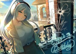  1girl belt black_belt black_skirt blue_eyes blush breasts byougaku clannad collarbone dated flower grey_hair grey_sweater guard_rail hairband half-closed_eyes hand_on_railing happy_birthday head_tilt high_ponytail jacket jewelry large_breasts long_hair long_sleeves looking_at_viewer necklace o-ring o-ring_belt open_clothes open_jacket open_mouth outdoors ponytail ribbed_sweater sakagami_tomoyo sidelocks signature skirt sky smile solo sweater sweater_tucked_in teeth yellow_jacket 