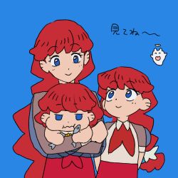  1girl age_comparison blue_background blue_eyes braid collared_shirt commentary_request eating fish flower hair_flower hair_ornament hair_tie lara_(sayonara_lara) light_blush long_hair looking_at_another merfolk mermaid monster_girl multiple_views neckerchief official_artist_extra red_hair red_neckerchief sayonara_lara see-through_clothes see-through_sleeves shirt single_braid tani_shiori 