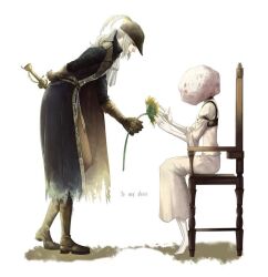  1girl 1other arm_behind_back ascot bloodborne coat flower from_side full_body giving gloves hat hat_feather holding holding_flower lady_maria_of_the_astral_clocktower ponytail simple_background sitting sky_ag1 standing sunflower sword weapon white_ascot white_background white_hair 