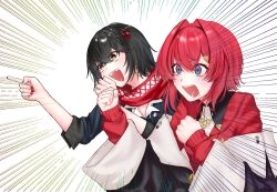 1boy 1girl 8c_o_m :d ange_katrina ange_katrina_(1st_costume) black_coat black_hair blue_eyes blue_shirt blush brown_eyes cardigan clenched_hands coat commentary_request crossed_bangs drooling earrings emphasis_lines excited gaijin_4koma_(meme) gold_earrings gradient_eyes hair_between_eyes hair_intakes hair_ornament hairclip hand_up hands_up highres hoop_earrings jewelry looking_ahead mashiro_meme mashiro_meme_(1st_costume) medium_hair meme multicolored_eyes nail_polish nijisanji off_shoulder open_mouth pointing red_cardigan red_hair red_nails red_scarf safety_pin_hair_ornament scarf shirt sleeves_past_wrists sleeves_rolled_up smile triangle_hair_ornament violet_eyes virtual_youtuber white_background wide_sleeves 