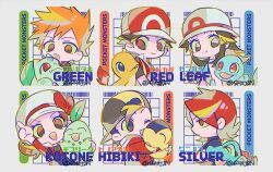  2girls 4boys baseball_cap black_hair blue_oak brown_eyes brown_hair bulbasaur character_name charmander chibi chikorita closed_mouth cyndaquil ethan_(pokemon) fire flame-tipped_tail hat hood hood_down hoodie index_finger_raised jacket leaf_(pokemon) long_hair lyra_(pokemon) multiple_boys multiple_girls open_mouth orange_hair pokemon pokemon_(creature) pokemon_firered_and_leafgreen pokemon_heartgold_and_soulsilver red_(pokemon) red_hair red_hat red_jacket senzzang short_hair silver_(pokemon) smile spiky_hair squirtle starter_pokemon_trio tail totodile twitter_username upper_body white_hat 