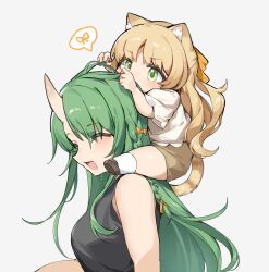  2girls :d ^_^ absurdres aged_down arknights bare_shoulders black_shirt blonde_hair bow braid brown_shorts carrying child closed_eyes commentary from_side fumi_(fyvr2372) green_eyes green_hair grey_background hair_bow hands_in_another's_hair highres horns hoshiguma_(arknights) kneehighs long_hair multiple_girls open_mouth parted_bangs shirt short_sleeves shorts shoulder_carry simple_background single_horn skin-covered_horns sleeveless sleeveless_shirt smile socks spoken_symbol swire_(arknights) tail untranslatable_commentary white_shirt white_socks yellow_bow yellow_tail 
