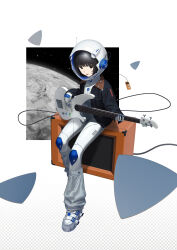  1girl absurdres barcode bass_guitar black_eyes black_hair black_jacket blue_nails bodysuit breast_pocket commentary denim denim_jacket electric_guitar english_commentary full_body gloves guitar headphones helmet highres instrument instrument_request jacket looking_at_viewer loose_socks lunar_surface moon mp3_player open_clothes open_jacket orange_amps original playing_bass_guitar playing_instrument plectrum pocket shoes short_hair simple_background sitting socks solo space space_boots space_helmet spacesuit speaker star_(sky) tokaki tongue tongue_out two-sided_fabric two-sided_jacket unbuttoned white_background white_bodysuit white_gloves white_shoes 