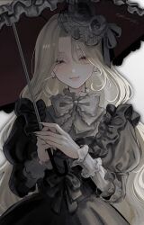  1girl absurdres artist_name black_dress black_flower black_ribbon black_umbrella blonde_hair bow bowtie closed_mouth commentary_request dress earrings eyelashes film_grain flower frilled_bowtie frilled_dress frilled_umbrella frills grey_background grey_bow grey_bowtie hair_flower hair_ornament hair_ribbon half-closed_eyes highres holding holding_umbrella jewelry juliet_sleeves lips long_hair long_sleeves looking_at_viewer original oysi_mysi pearl_earrings puffy_sleeves red_eyes ribbon simple_background smile solo umbrella upper_body very_long_hair 