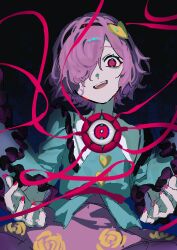  1girl absurdres black_hairband blue_shirt buttons collared_shirt commentary_request disembodied_linked_eye eyeball frilled_shirt_collar frilled_sleeves frills hair_ornament hair_over_one_eye hairband heart heart_button heart_hair_ornament higan_ame highres komeiji_satori long_sleeves looking_at_viewer open_mouth pink_hair pink_skirt red_eyes ribbon-trimmed_collar ribbon_trim shirt short_hair skirt smile solo touhou wide_sleeves 