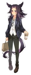  1girl absurdres animal_ears bag black_hair black_jacket black_pants blush collared_shirt cup disposable_coffee_cup disposable_cup eyewear_hang fenomeno_(umamusume) flipped_hair full_body highres holding holding_cup horse_ears horse_girl horse_tail jacket komeko97 long_hair long_sleeves multicolored_hair open_clothes open_jacket pants purple_hair shirt shopping_bag simple_background solo sweatdrop tail umamusume unworn_eyewear violet_eyes white_background white_shirt 