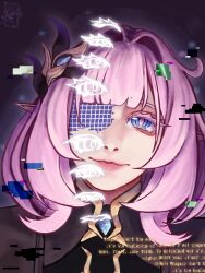  1girl artist_logo black_shrug blue_eyes commentary elf elysia_(honkai_impact) elysia_(miss_pink_elf)_(honkai_impact) glitch hair_ornament highres honkai_(series) honkai_impact_3rd kyunnichii logo long_hair looking_at_viewer pink_hair pointy_ears portrait shrug_(clothing) solo 
