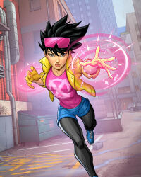  1girl black_hair black_pantyhose blue_shoes blue_shorts brown_eyes city day eyewear_on_head gloves jacket jubilee_(marvel) looking_at_viewer marvel open_clothes open_jacket outdoors pantyhose patrick_brown pink-tinted_eyewear pink_shirt shirt shoes short_hair short_shorts shorts solo tinted_eyewear x-men yellow_gloves yellow_jacket 