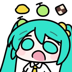  1girl blush_stickers checkerboard_cookie chibi chibi_only collared_shirt commentary cookie double-parted_bangs food food-themed_hair_ornament fruit green_eyes green_hair hair_between_eyes hair_ornament hatsune_miku highres lemon lemon_hair_ornament lemon_melon_cookie_(vocaloid) long_hair melon melon_hair_ornament necktie open_mouth shirt simple_background solo twintails untranslatable_commentary upper_body vocaloid white_background white_shirt yellow_necktie zzul0714 