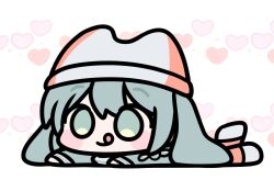  1girl blush_stickers chibi chibi_only closed_mouth double-parted_bangs full_body green_hair grey_hat hair_between_eyes hat hatsune_miku heart long_hair lying on_stomach pppp_(vocaloid) smile solo twintails vocaloid zzul0714 