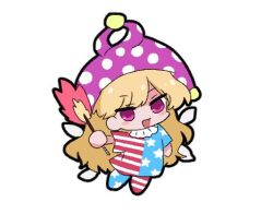  1girl american_flag american_flag_pants american_flag_print american_flag_shirt blonde_hair chibi chibi_only clownpiece commentary_request fairy flag_print full_body hat holding holding_torch jester_cap long_hair looking_at_viewer lowres open_mouth ououno pants print_pants print_shirt purple_hat shirt solo torch touhou very_long_hair violet_eyes 