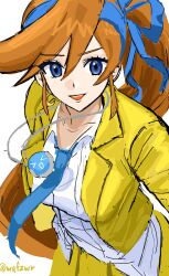 1girl :d ace_attorney athena_cykes blue_bow blue_eyes blue_hairband blue_necktie bow bow_hairband breasts commentary_request crescent crescent_earrings deun_(wqfzwr) earrings hair_between_eyes hair_bow hairband highres jacket jewelry long_hair looking_at_viewer medium_breasts necklace necktie open_clothes open_jacket open_mouth orange_hair shirt side_ponytail single_earring sketch skirt smile solo teeth twitter_username upper_teeth_only very_long_hair white_background white_shirt yellow_jacket yellow_skirt 