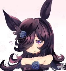  1girl :o animal_ears bare_shoulders black_hair black_hat blue_flower commentary_request cropped_shoulders fascinator flower flying hat hat_flower highres horse_ears horse_girl kemo_chiharu long_hair rice_shower_(rosy_dreams)_(umamusume) rice_shower_(umamusume) signature simple_background solo umamusume violet_eyes white_background 