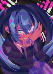  1girl absurdres aqua_eyes black_jacket commentary double-parted_bangs eye_focus eyepatch grey_necktie grey_skirt grin hair_intakes hair_ornament hands_up hatsune_miku heart heart_in_eye highres jacket kacom_art long_hair long_sleeves medical_eyepatch monitoring_(vocaloid) necktie pocket sidelocks skirt smile solo symbol_in_eye tie_clip twintails upper_body vocaloid 