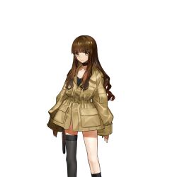  1girl artist_request asymmetrical_legwear black_choker black_shirt black_thighhighs brown_coat brown_eyes brown_hair check_artist choker closed_mouth coat collarbone commentary cowboy_shot fate/extella fate/extella_link fate/extra fate_(series) game_asset highres kishinami_hakuno_(female) knife knife_sheath long_hair long_sleeves looking_at_viewer mismatched_legwear official_alternate_costume official_art sheath shirt simple_background solo standing tachi-e thigh-highs thighs third-party_source transparent_background trench_coat uneven_legwear wada_arco wavy_hair zettai_ryouiki 