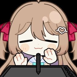  1girl ahoge animated animated_gif aqua_bow aqua_bowtie blue_sailor_collar blush_stickers bow bowtie brown_hair cardigan chunye_haruya closed_eyes closed_mouth commentary commission disembodied_hand dot_nose drawing_tablet english_commentary hair_between_eyes hair_ornament hair_ribbon heart heart_hair_ornament long_hair lowres neuro-sama neuro-sama_(1st_costume) red_ribbon ribbon sailor_collar second-party_source shirt solo sticker_(medium) stylus transparent_background two_side_up upper_body vedal_ai virtual_youtuber white_shirt yellow_cardigan 
