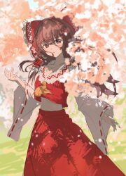  1girl ascot bow brown_eyes brown_hair cherry_blossoms chinese_commentary commentary_request detached_sleeves flower frilled_bow frilled_hair_tubes frills hair_bow hair_tubes hakurei_reimu highres li_qing_liqing long_hair looking_at_viewer pink_flower red_bow red_skirt ribbon-trimmed_sleeves ribbon_trim skirt skirt_set solo touhou yellow_ascot 