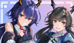  2girls arknights arknights:_endfield bare_shoulders black_coat black_gloves black_hair blue_hair blue_jacket ch'en_(arknights) ch'en_the_dawnstreak_(arknights) chen_qianyu_(arknights) closed_mouth coat commentary_request detached_sleeves dragon_girl dragon_horns eastern_dragon_horns gloves highres horns jacket ken_(shutenndouji1) long_hair looking_at_viewer low_ponytail low_twintails multiple_girls open_mouth ponytail red_eyes shirt sleeveless sleeveless_coat smile twintails white_shirt 