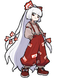  1girl absurdres bow brown_shirt footwear_bow fujiwara_no_mokou full_body hands_in_pockets highres light_smile long_hair looking_at_viewer ofuda ofuda_bow ofuda_on_clothes pants ponytail puffy_pants red_eyes red_pants red_shoes sach56000 shirt shoes solo suspenders touhou very_long_hair white_background white_hair 
