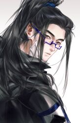  1boy absurdres all_wishes_come_true! alternate_costume black_cape black_hair black_jacket blue-framed_eyewear brown_eyes cape chinese_commentary closed_mouth commentary_request contemporary ear_piercing earrings from_side glasses glint gradient_background grey_background high_ponytail highres jacket jewelry jiushuo long_hair looking_at_viewer looking_back lord_of_dark_blade_(all_wishes_come_true!) lu_dongbin_(all_wishes_come_true!) male_focus mask mouth_mask piercing ponytail portrait semi-rimless_eyewear sidelocks simple_background solo upper_body white_background 