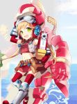  armor artist_request blonde_hair crop_top finding_neverland_online goggles green_eyes helmet long_hair midriff nardack navel open_mouth power_armor skirt smile solo source_request thigh-highs thighhighs 