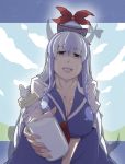  baby_bottle blue_hair bottle breasts foreshortening gogyoo_hiroshi hat highres horn_ribbon horns kamishirasawa_keine large_breasts leaning_forward long_hair looking_at_viewer milk milk_bottle multicolored_hair ribbon silver_hair solo touhou two-tone_hair white_hair 