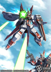  amasaki_yusuke beam_rifle blue_sky commentary_request company_name copyright_logo copyright_name copyright_notice energy_gun firing firing_at_viewer flying full_body green_eyes gundam gundam_card_game gundam_seed gundam_seed_destiny holding holding_energy_gun holding_weapon logo m1_astray mecha mecha_focus mobile_suit official_art robot science_fiction shield sky sunrise v-fin weapon 