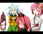  4girls :d alternate_hairstyle animal_ears aqua_hair blush brown_eyes brown_hair cat_ears closed_eyes dress_shirt extra_ears eyes_closed flower hair_bobbles hair_down hair_flower hair_ornament hairband heart kaenbyou_rin kanaria_(artist) komeiji_koishi komeiji_satori letterboxed long_hair multiple_girls nose_bubble open_mouth payot pink_hair red_hair redhead reiuji_utsuho shirt short_hair shouten_pegasus_mix_mori sleeping smile third_eye tori_(minamopa) touhou wavy_mouth 