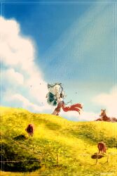  2boys animal blue_hair commentary_request fire_emblem fire_emblem:_radiant_dawn highres horse ike_(fire_emblem) long_hair male_focus multiple_boys outdoors pig shiroge_nknk short_hair sky soren_(fire_emblem) soren_(radiant_confidant)_(fire_emblem) twitter_username 