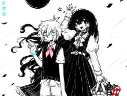  1boy 1girl alternate_costume alternate_universe antenna_hair arm_up bad_id bad_twitter_id basil_(headspace)_(omori) basil_(omori) closed_mouth collared_shirt commentary double-parted_bangs dress earrings english_commentary expressionless greyscale hair_behind_ear hair_between_eyes highres holding_picnic_basket jewelry long_hair long_skirt long_sleeves mari_(headspace)_(omori) mari_(omori) monochrome neckerchief omori open_mouth picnic_basket ring sharp_teeth shirt short_hair short_sleeves shorts sidelocks simple_background skirt smile spot_color sweater_vest teeth yellow_neckerchief yuilu_(yuiluqqq) 