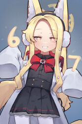  1girl 67_(meme) absurdres animal_ear_fluff animal_ears backpack bag black_dress blonde_hair blue_archive blush bow bowtie breasts coat cosplay dress earmuffs forehead fox_ears grin halo highres long_hair long_sleeves looking_at_viewer meme miya_(miyaruta) pantyhose parted_bangs raised_eyebrows rana_(blue_archive) rana_(blue_archive)_(cosplay) seia_(blue_archive) sidelocks sleeves_past_fingers sleeves_past_wrists small_breasts smile solo tail white_coat white_pantyhose yellow_eyes 