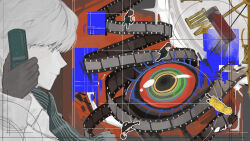  2boys adachi_tohru ameno_sagiri_(persona) black_gloves black_hair black_jacket black_scarf cellphone clock closed_mouth coat commentary_request eyeball film_strip flip_phone gloves grey_coat grey_hair highres jacket multiple_boys narukami_yu necktie persona persona_4 persona_4_the_golden phone red_necktie roman_numeral scarf short_hair spoilers taier_zhi_meng yellow_coat 
