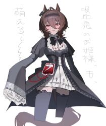  1girl absurdres agnes_tachyon_(umamusume) ahoge animal_ears black_bow black_dress black_hairband black_thighhighs blood blood_bag blood_on_clothes blush bow brown_hair dress hair_between_eyes hairband halloween_costume highres horse_ears horse_girl horse_tail intravenous_drip long_sleeves looking_at_viewer medium_hair open_mouth red_eyes skyk57milk sleeves_past_wrists smile solo tail thigh-highs umamusume white_dress 