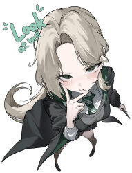  1girl absurdres black_robe black_shoes black_sweater_vest blonde_hair blush closed_mouth collared_shirt commentary_request diagonal-striped_clothes diagonal-striped_necktie english_text genderswap genderswap_(mtf) green_eyes green_necktie harry_potter_(series) highres hogwarts_school_uniform holding holding_wand korean_commentary long_hair looking_at_viewer malfoid necktie puffy_cheeks robe school_uniform shirt shoes solo striped_clothes striped_necktie sweater_vest take5788 wand white_background white_shirt wizarding_world 
