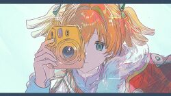  1girl :| aiguillette badge camera cape closed_mouth commentary_request daiba_nana epaulettes expressionless fur-trimmed_cape fur_trim green_eyes hand_up highres holding holding_camera jacket korean_commentary letterboxed long_sleeves looking_at_viewer one_eye_covered orange_hair parted_bangs portrait red_cape sanya_(hwanmul) short_hair short_twintails shoujo_kageki_revue_starlight side_cape solo straight-on taking_picture twintails white_background white_jacket yellow_trim 
