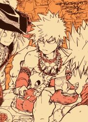  3boys :d adjusting_clothes adjusting_headwear arm_up bakugou_katsuki bead_necklace beads belt boku_no_hero_academia chair chest_belt chewing chicken_(food) chicken_leg closed_mouth collarbone commentary cup dated detached_sleeves dragon eating food frown gloves hat highres holding holding_food ikapnmn2 jewelry kaminari_denki kirishima_eijiro licking_lips male_focus meat monochrome mug multiple_boys multiple_necklaces necklace official_alternate_costume orange_theme plate protected_link scarf short_hair signature sitting smile spiky_hair table tankard tongue tongue_out untranslatable_commentary very_short_hair 