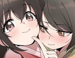  2girls blush brown_hair chinese_clothes embarrassed flower_in_eye green_hanfu hanfu headscarf jaggy_lines legend_of_mortal lips looking_afar looking_at_viewer mortal_jp multiple_girls orange_eyes pink_eyes pointing raised_eyebrows red_hanfu scarf short_hair simple_background smile solo symbol_in_eye wavy_mouth yellow_eyes yu_xiaomei yu_zhu 