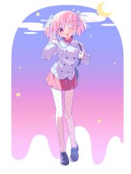  1girl :d ;d absurdres black_shoes blue_bow blue_jacket blush border bow buttons commentary_request crescent_moon double-breasted full_body gradient_background hair_bow hand_up highres jacket kaname_madoka looking_at_viewer mahou_shoujo_madoka_magica miniskirt moon one_eye_closed open_mouth pantyhose pleated_skirt red_eyes red_skirt ruru_(rurumagi) shoes short_twintails skirt sleeves_past_wrists smile solo standing star_(symbol) twintails v white_border white_pantyhose 